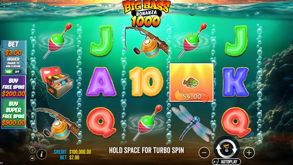 Big Bass Bonanza 1000 start screen with the fisherman and the 1000 logo
