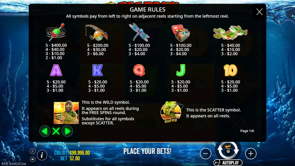 Big Bass Bonanza in-game paytable showing symbol payouts