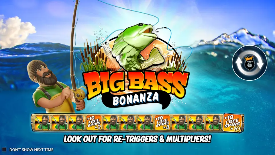 Big Bass Bonanza start screen with the fisherman and the lake background