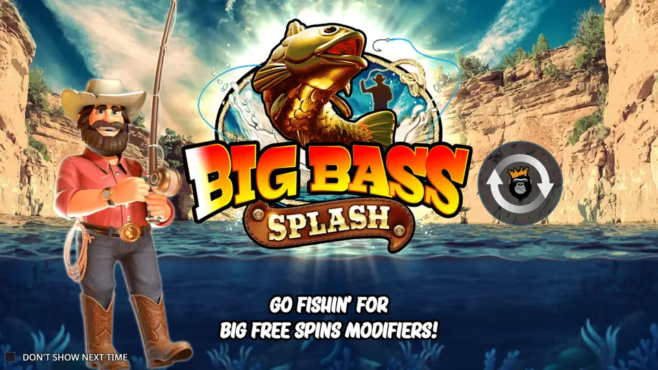 Big Bass Splash start screen with the fisherman and splashing water